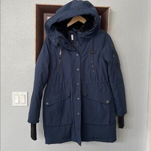 BCBGeneration Hooded Water Resistant Parka Coat Navy M (Missing faux fur trim)